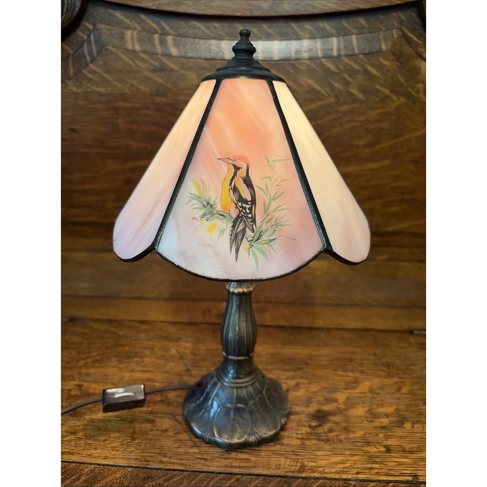 Meyda Tiffany 12" Hand Painted Slag Glass Bird Accent Lamp Woodpecker Signed VTG